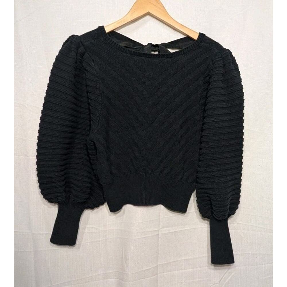 Happy X Nature Black Heavy Knit Puff Sleeve Bow Tie Back Sweater M Minimalist